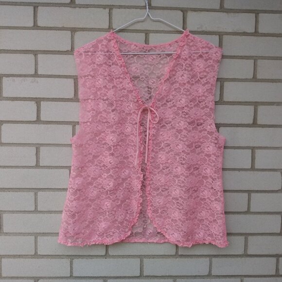Vintage Tops - Vintage Pink Lace Vest 39" Bust Bed Jacket Lingerie Retro Feminine